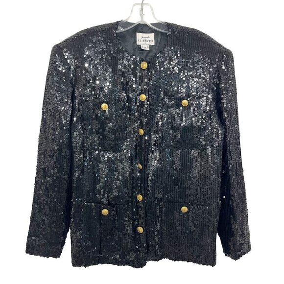 Vintage Jeanette for St. Martin Black Sequin Jacket Gold Buttons - Size Medium - Picture 1 of 6